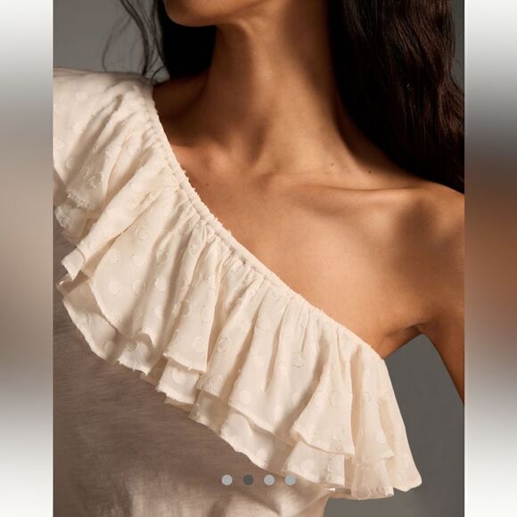 Anthropologie Sheer Polka Dot Ruffle One Shoulder Top Cotton Long Sleeve Cream L - Picture 3 of 11